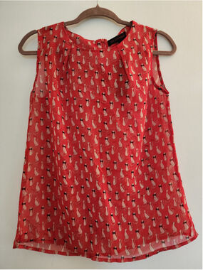 SM Wardrobe NWT Quirky Red Cat Bow Tie Print Sheer Pleated Blouse M/L
